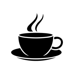 A black and white coffee cup with steam rising from it