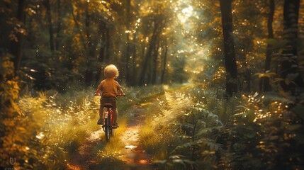 A Joyful Childs Adventure Riding a Vibrant Red Bicycle Down a Winding Forest Path in a MonetInspired Digital Painting