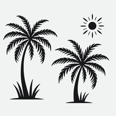 set of two palm trees silhouettes with sun
