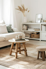 A living room with a white couch, a coffee table, and a rug