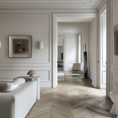 A white room with a couch and a lamp. The room has a modern and minimalist design