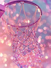 A close-up of a basketball hoop adorned with glittering crystals against a pink bokeh background