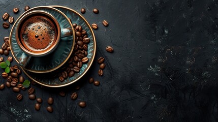 Cup of hot coffee and coffee beans on dark rustic background. Copy space 