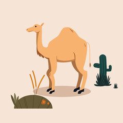Fototapeta premium A flat-style vector illustration of a camel, with a few plant graphics surrounding it. This illustration is perfect for an Eid al-Adha animal theme