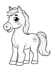 cartoon horse coloring book pages, black and white designs for kids and toddlers, a resource for preschool teachers