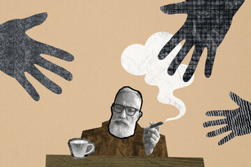 Composite photo collage of serious old man pensioner smoke cigar steam addiction harmful hobby people hands isolated on painted background