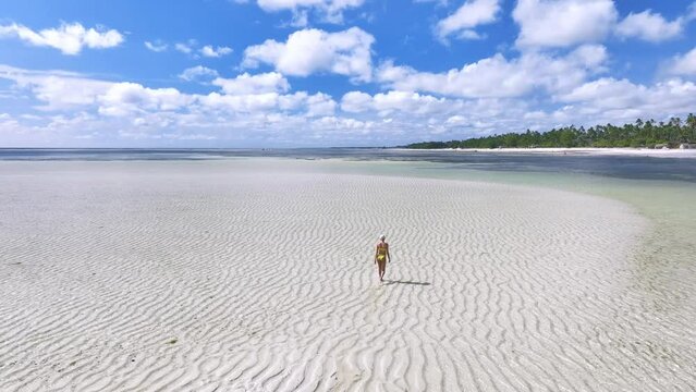 Aerial view of walking young woman on the sandbank in ocean, white sand, blue sea during low tide at sunny summer day in Zanzibar island. Top view of girl, sand spit, bay, clear water, sky with clouds