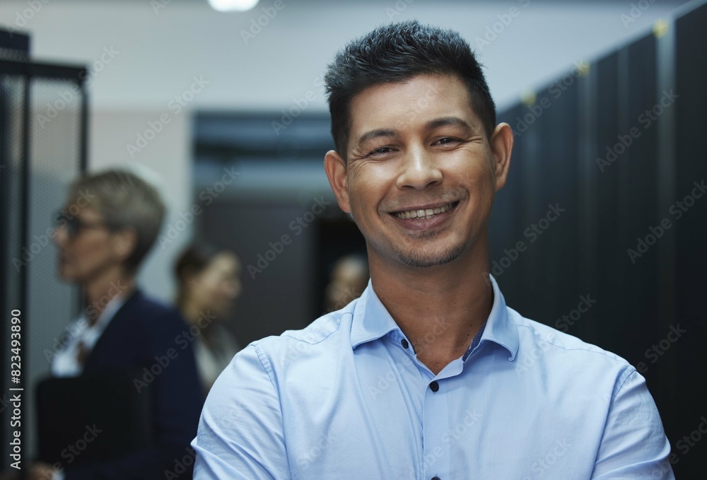 Poster Data center, server room and portrait of man with team for programming, coding and information technology. Cybersecurity, IT and technician manager for inspection, maintenance and software backup