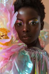 A model with striking glitter makeup poses with a delicate peony, showing a creative and vivid expression
