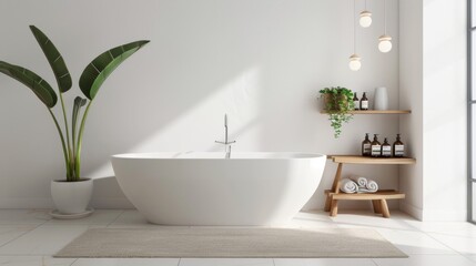 A bathroom with a white bathtub and a potted plant. The bathroom is clean and well-lit, with a wooden shelf holding bottles and a vase. The potted plant adds a touch of greenery to the space