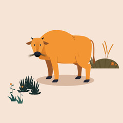 A flat-style vector illustration of a brown cow grazing on grass, with a few blades of grass around it. This Eid al-Adha themed animal illustration is perfect for festive designs.