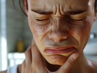Close-up of a person with a distressed expression, furrowed brows, and a hand on their chin. Emotional reaction captured in natural light.