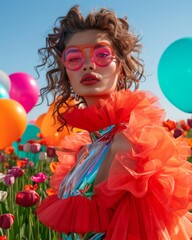 Obraz premium The model's pink sunglasses match her vibrant orange dress, creating a dynamic and fashionable look against a colorful backdrop of balloons and tulips