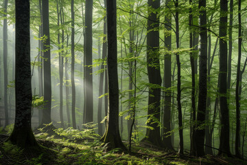 Obraz premium Green forest with beech trees, during spring time, with sun light and shadows, in a morning misty atmosphere.