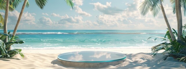 beautiful 3D render of a glass podium on a sand beach and ocean