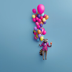 A raccoon in an elegant purple suit is holding balloons in one hand and a glass of sparkling wine in the other, looking as if he is toasting. The colors are purple, blue, pink, and yellow