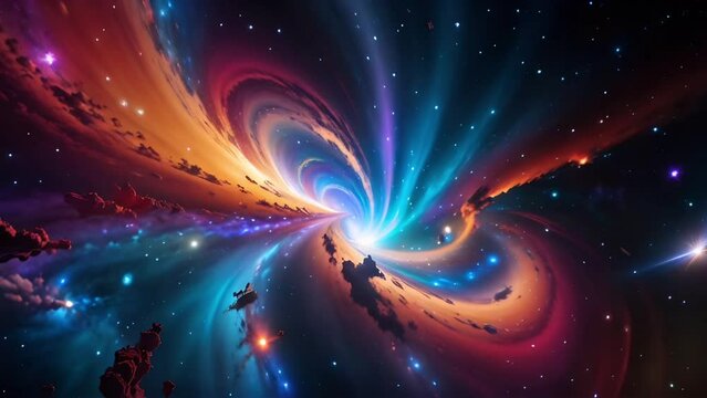 Vivid depiction of a swirling galaxy with colorful cosmic dust and stars in a hyper-detailed, 3D-rendered space scene. Generative AI animation