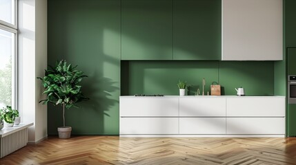 minimal kitchen interior, forest green and white walls, parquet floor --ar 16:9 Job ID: 535e68fc-5905-4e95-ab88-be8d26644030