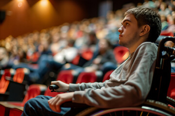 A man with disabilities in a wheelchair, watching a film in in a movie theater. Shallow depth of field