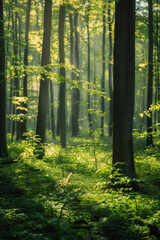 Green forest with beech trees, during spring time, with sun light and shadows, in a morning misty atmosphere.