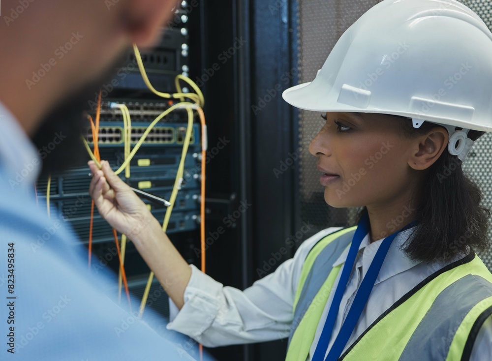 Aufkleber Woman, planning and server room for internet infrastructure and lights of computer. Network engineer, IT support and cybersecurity with data center, software and company info for cloud computing
