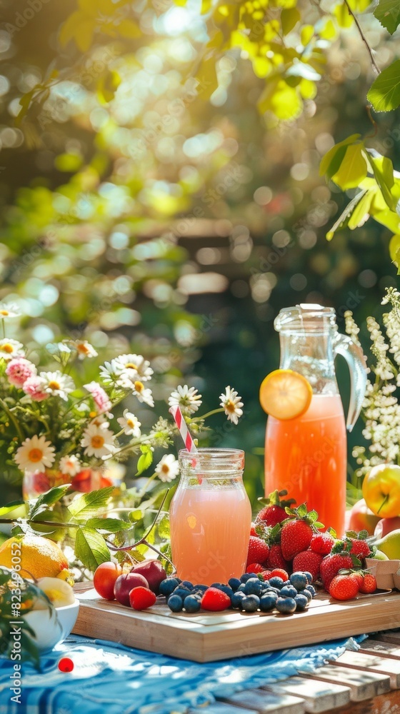 Aufkleber a table with a pitcher of pink lemonade and a pitcher of orange juice