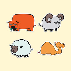A delightful collection of Eid al-Adha animal clipart in funny cartoon vector style. Includes a grazing cow, camel, goat, and sheep.