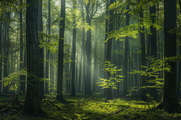 Fototapeta premium Green forest with beech trees, during spring time, with sun light and shadows, in a morning misty atmosphere.