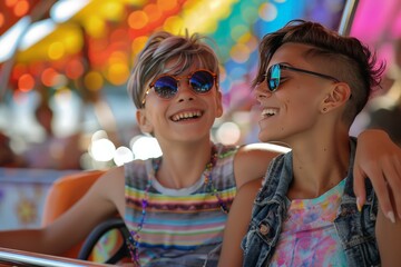 Embracing Love and Joy: Transgender Couple Enjoying Family Time at Amusement Park