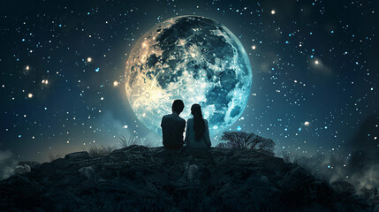 Pictured boy and girl are sitting on big heart of moon
