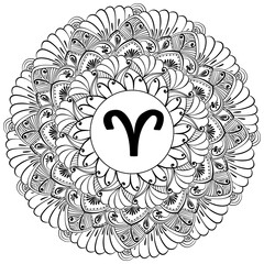 Zodiac mandala Aries, fantasy coloring page with astrological sign and meditative swirls