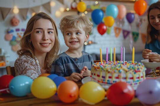 Happy Birthday Celebration: Lesbian Mothers Decorating with Balloons and Baking Cake for Child's Party - Powered by Adobe