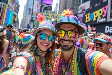 Embracing Love and Pride: Joyful Bisexual Couple Capturing a Cheerful Moment at Pride Day Celebrations
