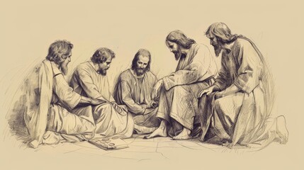 Jesus Washing the Feet of His Disciples, Biblical Illustration of Humility and Service, Perfect for Religious Stock Photography