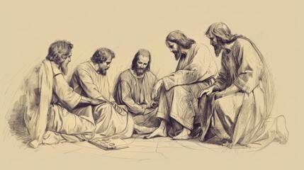 Fototapeta premium Jesus Washing the Feet of His Disciples, Biblical Illustration of Humility and Service, Perfect for Religious Stock Photography