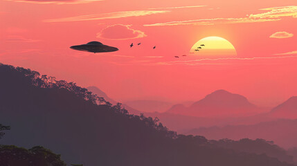 Obraz premium A UFO hovers over a mountain range at sunset with birds flying in the sky. The scene captures a surreal and mysterious atmosphere