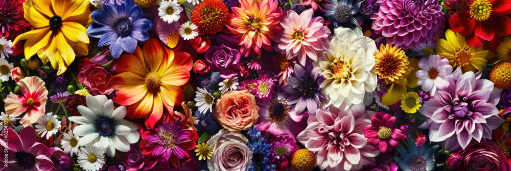 Poster a group of assorted flowers arranged neatly in the middle of a plain wall