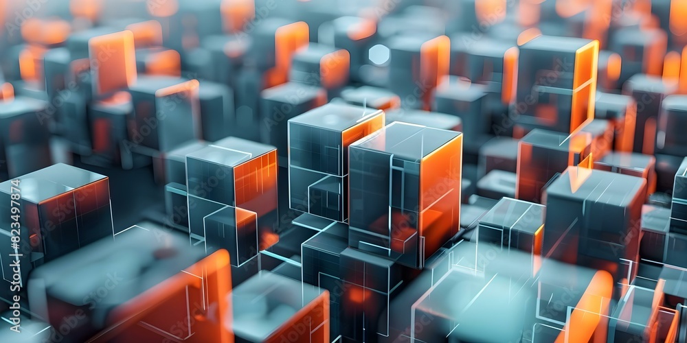 Poster futuristic 3d voxel cubes in a virtual world with pixel render. concept virtual world, 3d cubes, fut