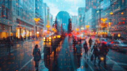 A blurry image of a city street with a woman in the foreground