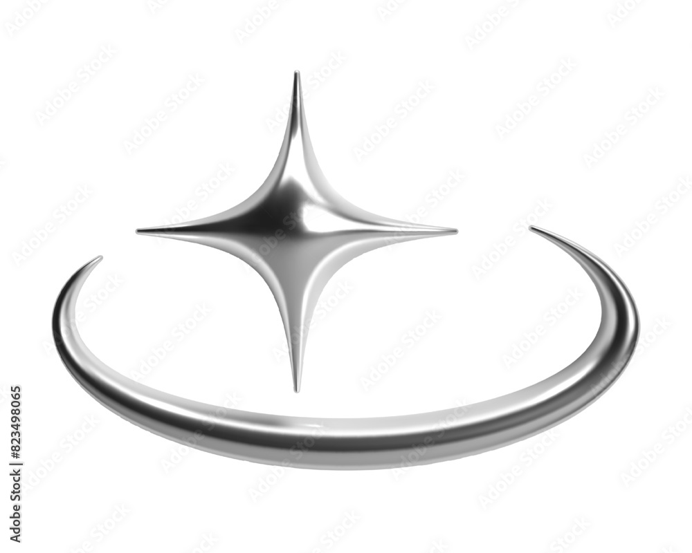 Poster y2k 3d chrome abstract shape with a star and crescent, spark or flash, shiny metallic glossy silver 