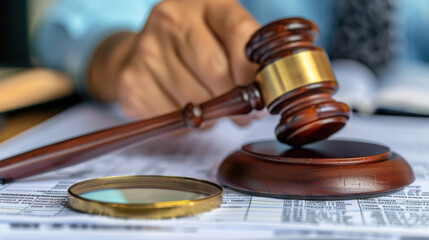 A judges gavel resting on top of a magnifying glass, symbolizing detailed examination and decision-making in the legal field