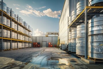 Outdoor modern industrial storage yard with metal barrels stacked on shelves, clear blue sky with clouds in the background.