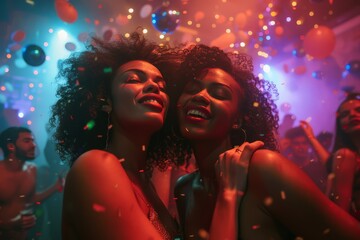 Love and Celebration: Lesbian Couple Dancing in LGBTQ-Friendly Nightclub Ambiance Under Vibrant Lights and Music