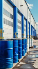 Row of blue and white industrial barrels outside a warehouse building on a sunny day, with blue and white garage doors in the background.