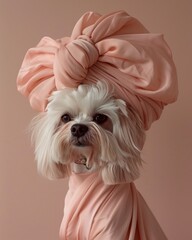 This image shows a dog with a stylish pink turban headscarf looking directly at the camera