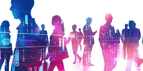Digital futuristic background with business people silhouettes, glowing hologram and binary code on white background. Concept of global network connection technology 