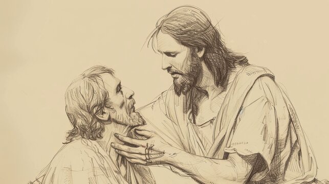 Jesus Healing a Leper with a Compassionate Touch, Biblical Illustration of Miracle and Mercy, Ideal for Religious article