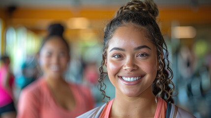 Fototapeta premium Woman with Down syndrome portrait. A girl with Down syndrome at dances or yoga, group sports, an active and fulfilling life happy. generative ai