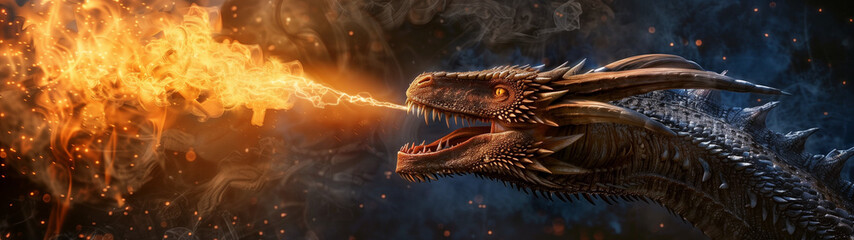 Banner of an Epic Dragon Spitting Fire, Side View of the Head with Intense Flames