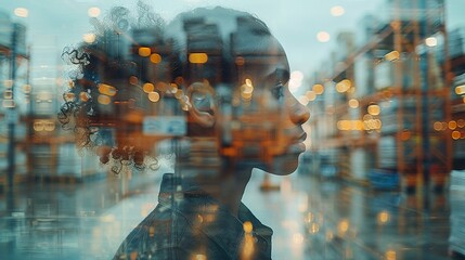 A woman's reflection in a window with a blurry background